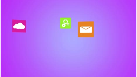 animación de iconos de medios en un fondo púrpura.