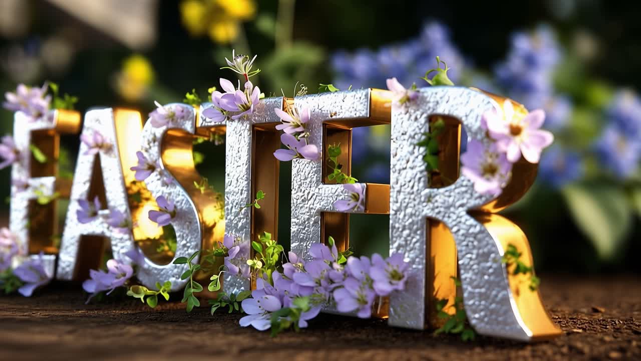 Easter letters glow softly in natural light. Tiny purple flowers surround each letter, adding charm. Background blur highlights the festive sign's delicate details. Sunlight enhances the texture