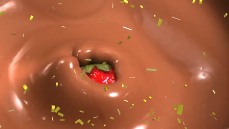 animation of confetti falling over strawberry in chocolate