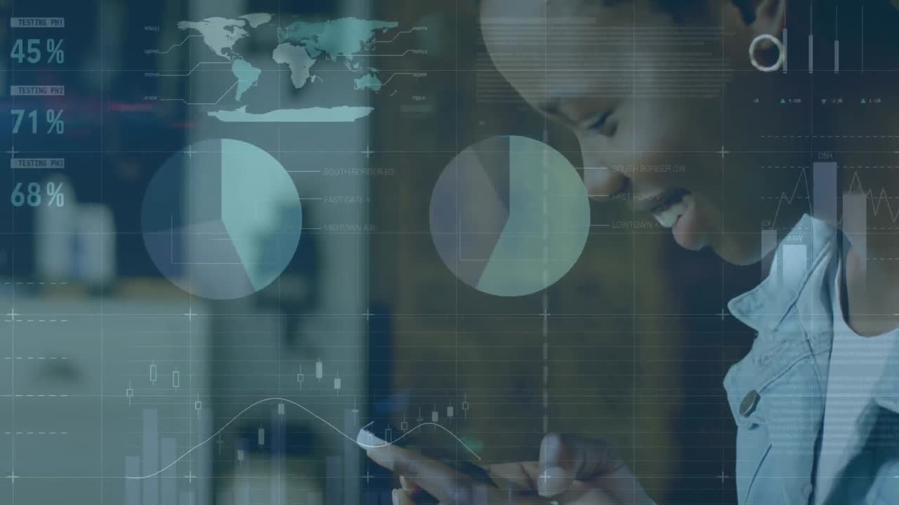 Animation of statistical data processing against happy african american woman using smartphone