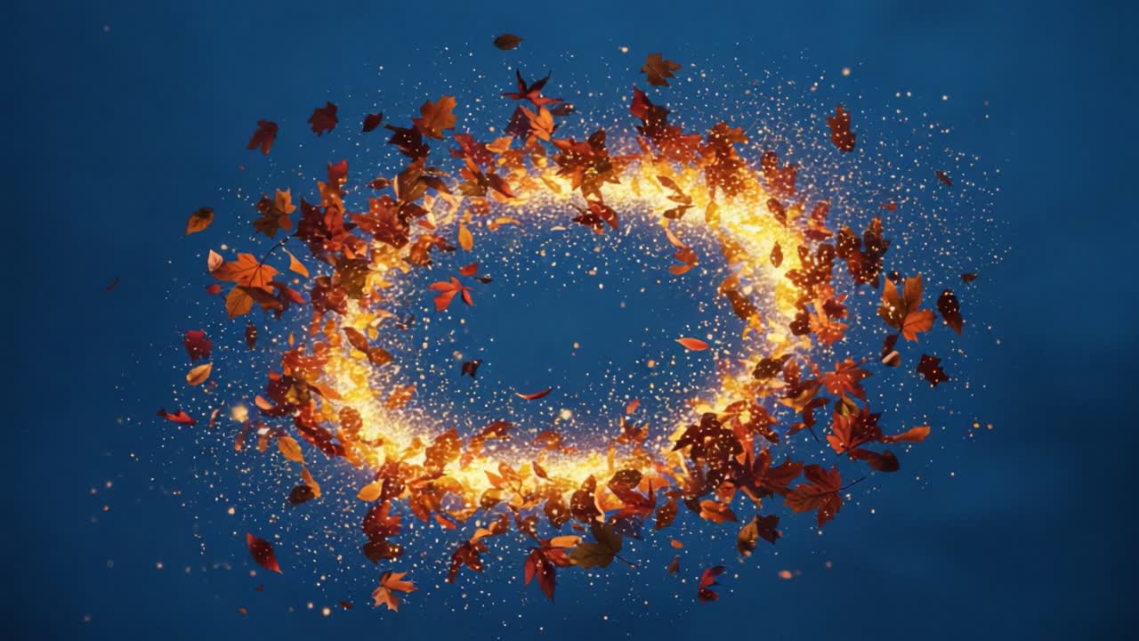 An Enchanting Display of Swirling Autumn Leaves Creating a Dynamic, Glowing Ring Against a Deep Blue Background, Capturing Nature's Vibrancy and Transition