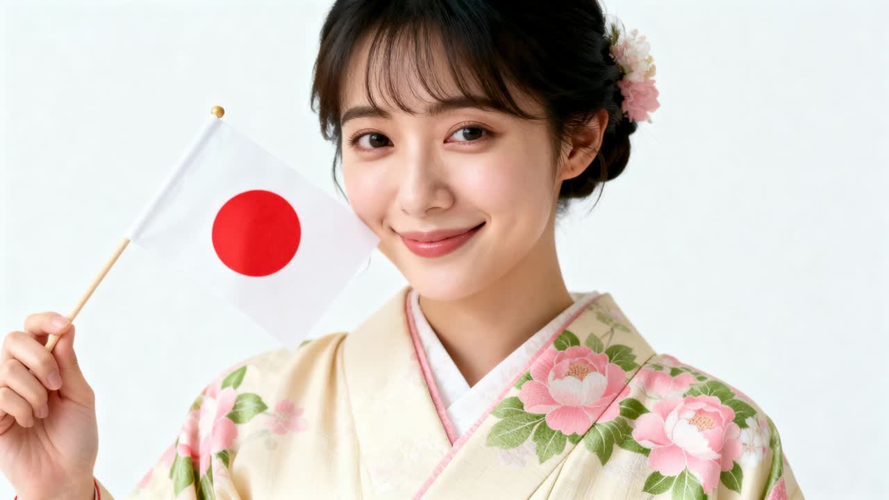 Aproximação da câmera, mulher de quimono segurando uma bandeira com um círculo vermelho, sorrindo mais abertamente para um retrato de estúdio