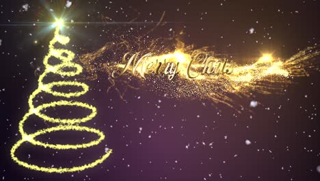 elegante gráfico de movimiento de navidad púrpura con nieve animada y árbol de navidad en espiral en destellos brillantes con un estallido de fuegos artificiales que revela la estrella en la parte superior, y el mensaje &quot;feliz navidad&quot;.