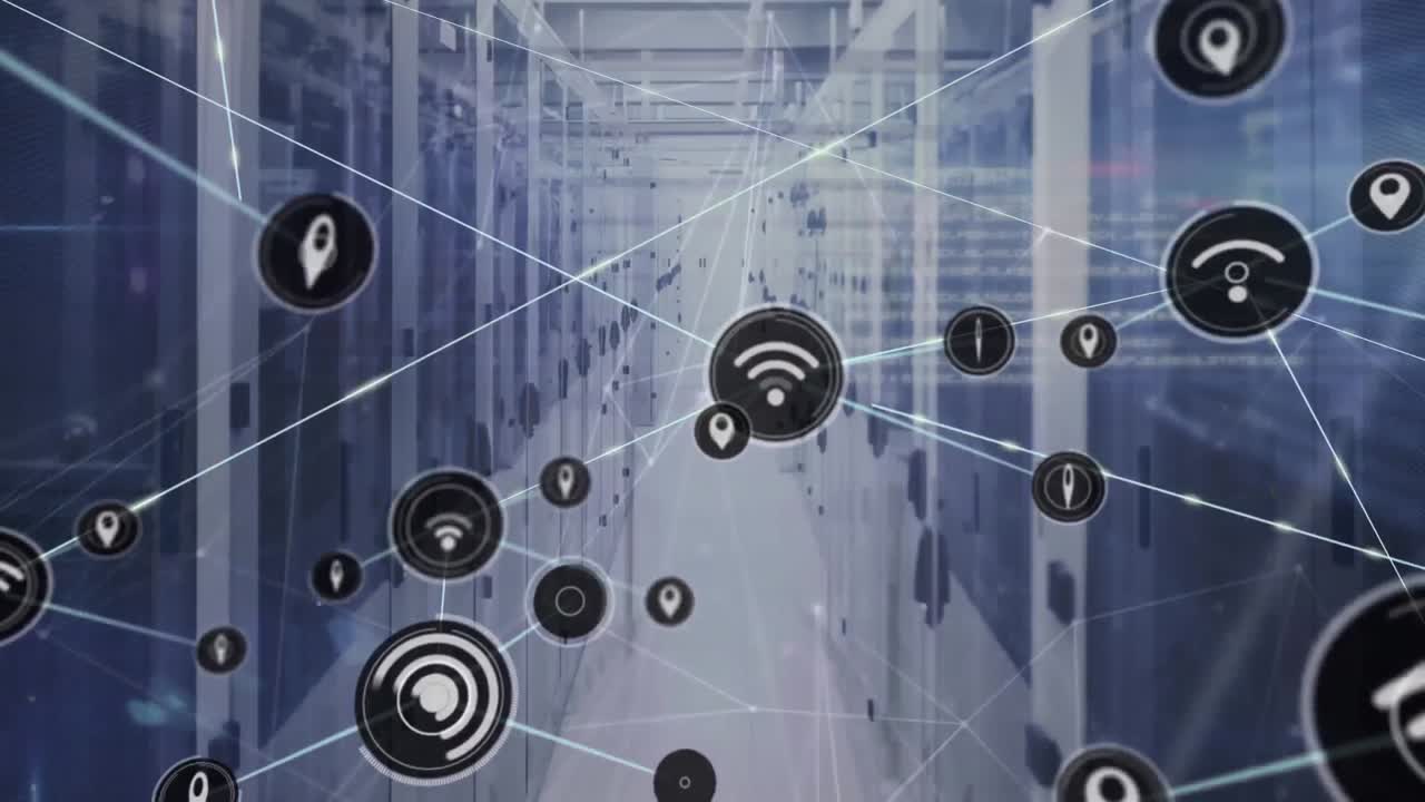 animación de la red de conexiones con iconos y procesamiento de datos a través de servidores informáticos