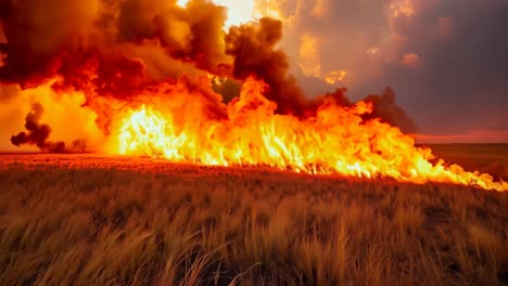 a large fire in the middle of a field of wheat