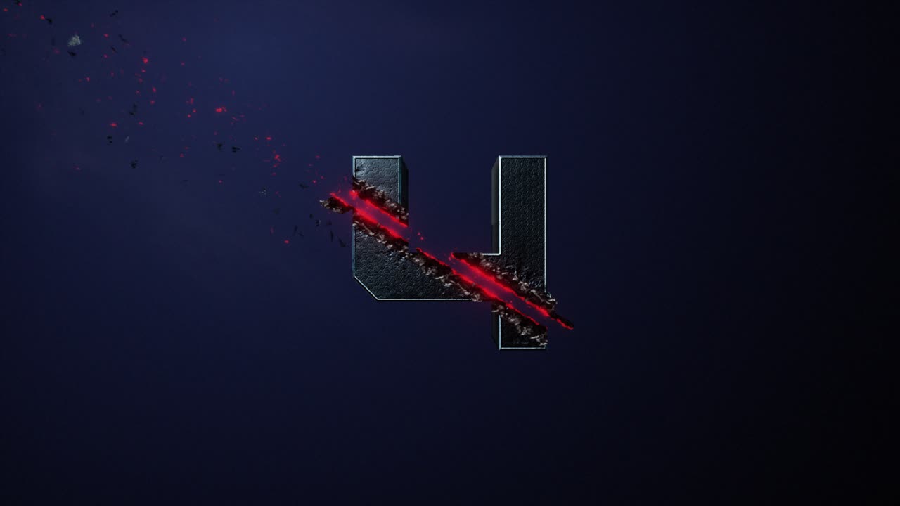 High quality 3D animated number Title Card or Chapter graphic, with hi tech sci-fi style 4 digit being zapped and sliced by a high powered laser, on a blue background