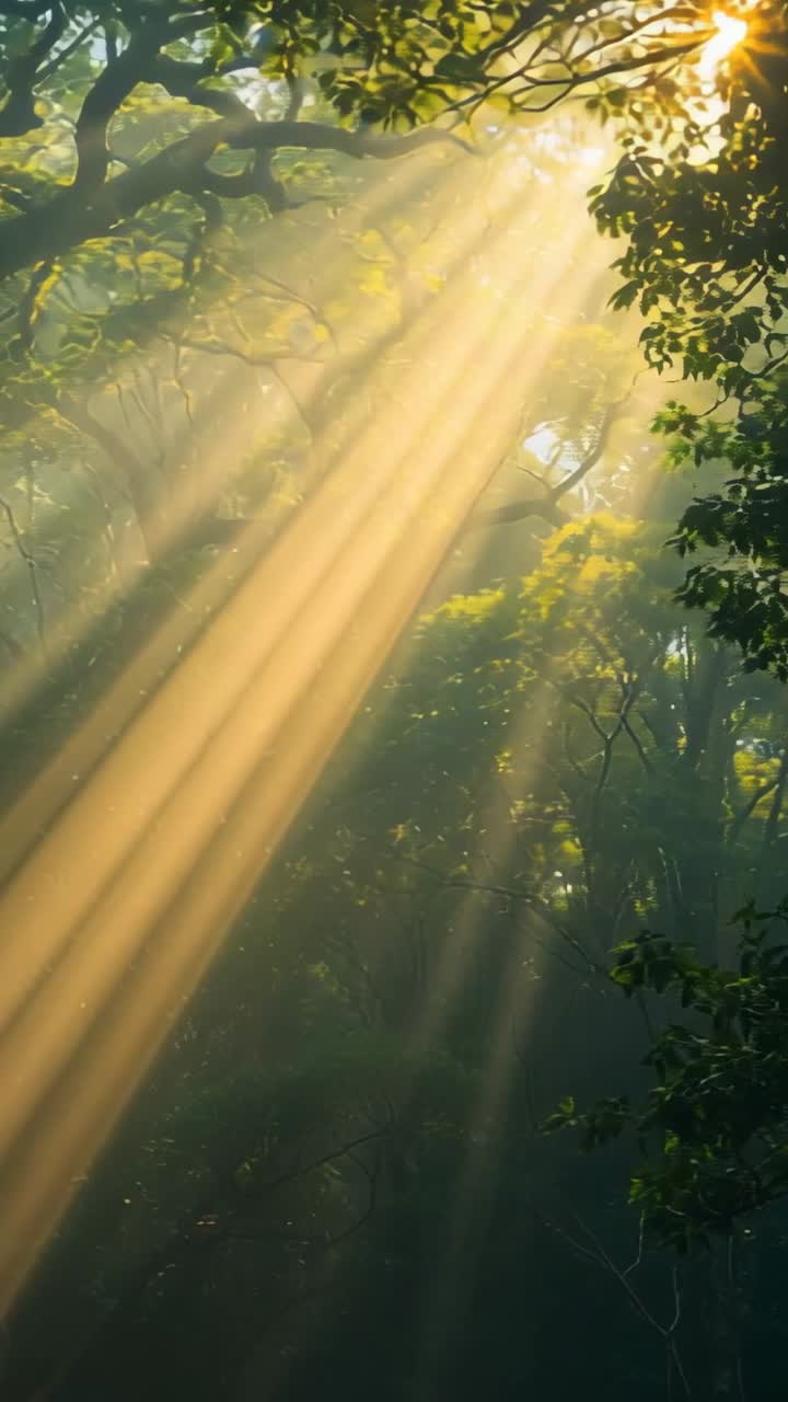 Vertical video: Shining shafts of sunlight piercing tree canopy as sun rises, revealing mist