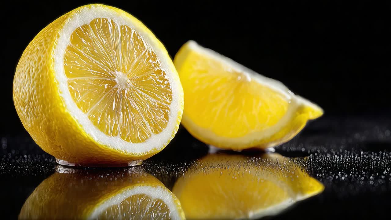 Limoni freschi e vivaci su una superficie lucida: uno sguardo ravvicinato alla loro consistenza succosa e ai riflessi nelle gocce d'acqua su uno sfondo nero