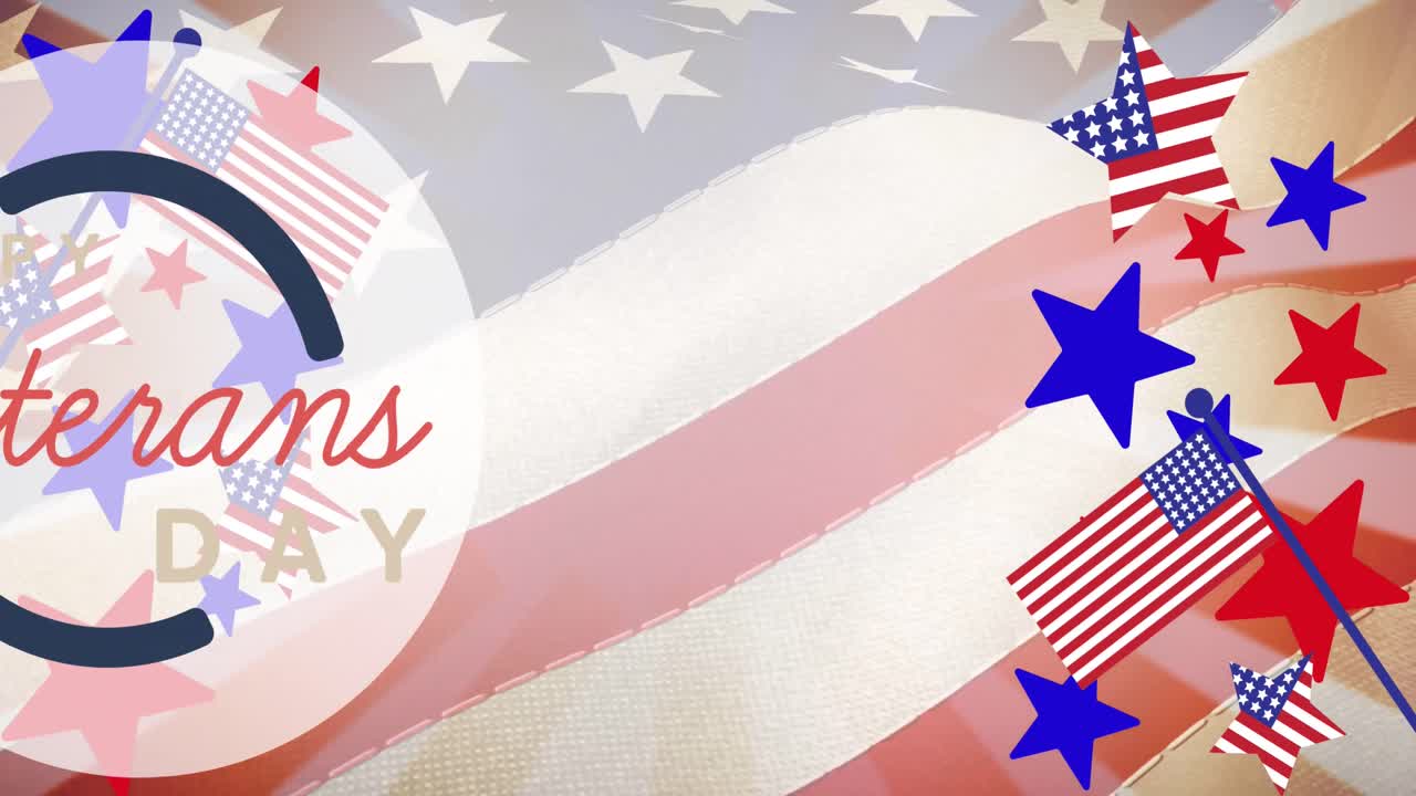 Animation of happy veterans day text over american flags and flag elements
