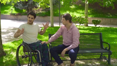 disabled young man sits in his wheelchair and talks to his friend outdoors in slow motion.