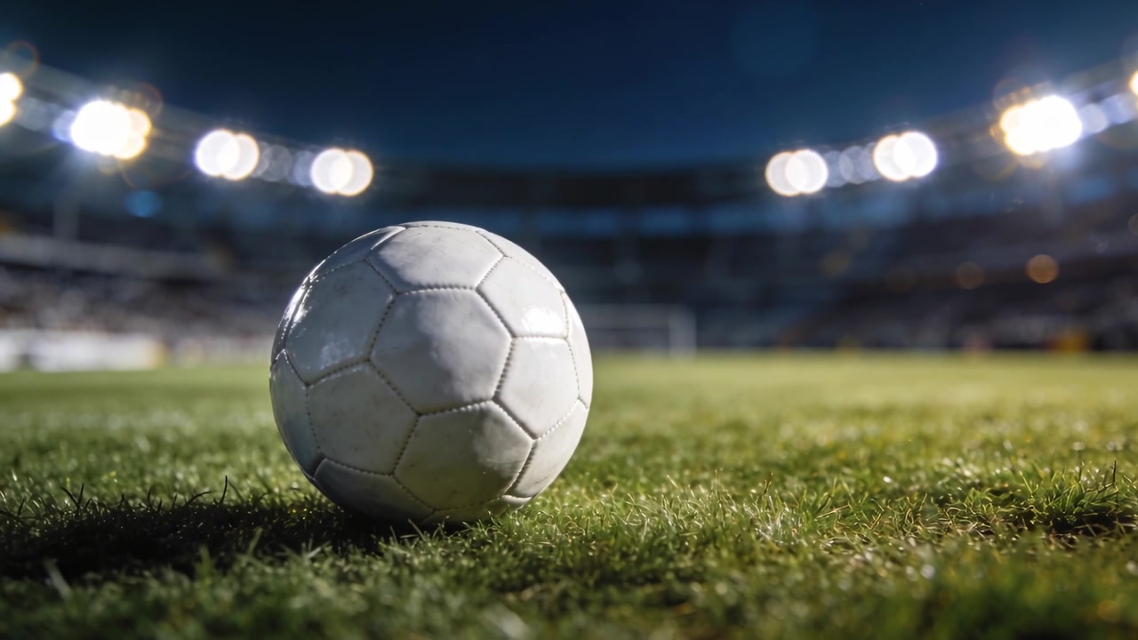 Kameraet zoomer ind og bringer en hvid fodbold i skarpere fokus på en græsbane, signalerer kampstart.