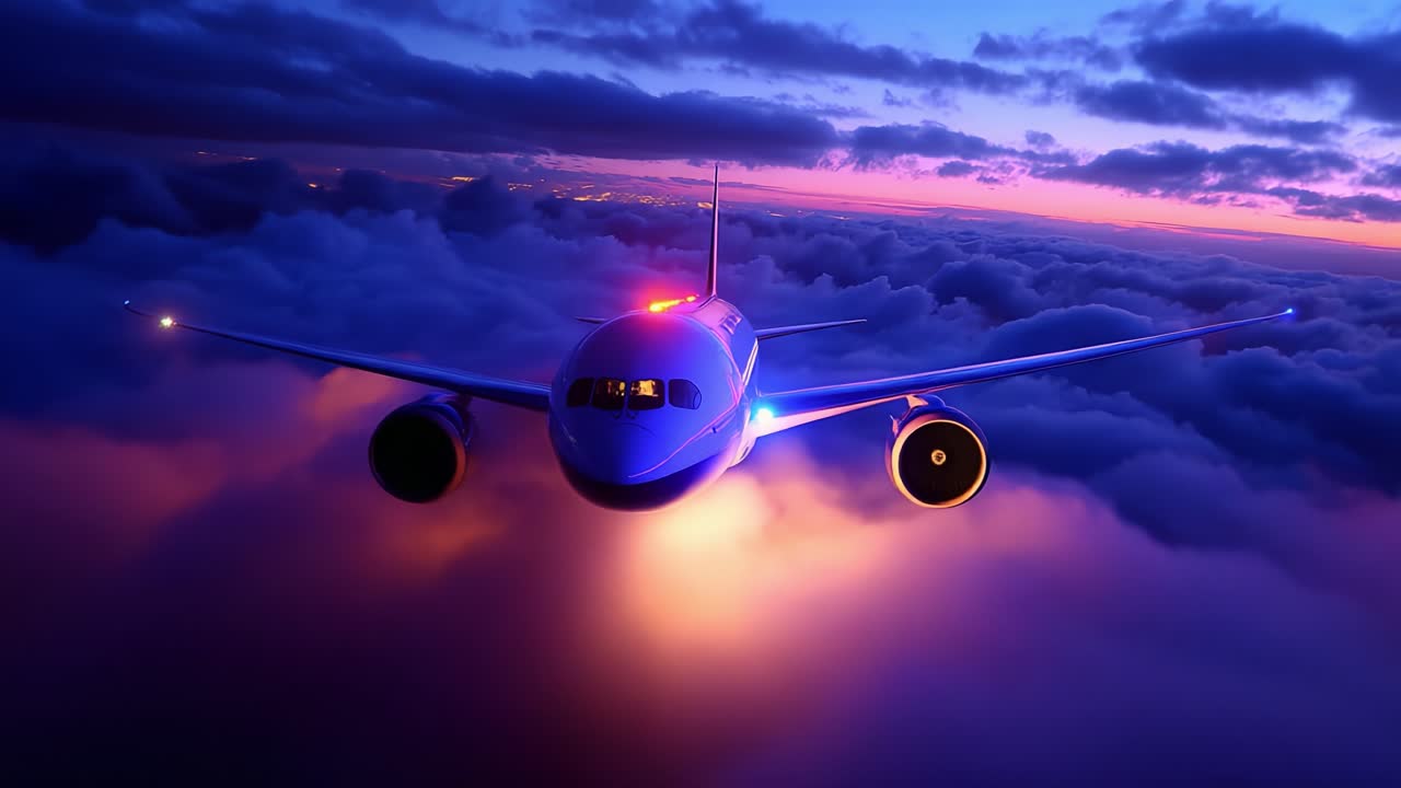 A breathtaking aerial view of a modern passenger aircraft soaring through vibrant sunset skies, enveloped by a majestic blanket of clouds, showcasing advanced aviation technology in tranquil flight