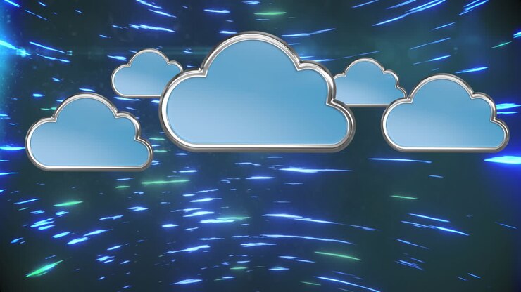 Multiple cloud icons against blue light trails