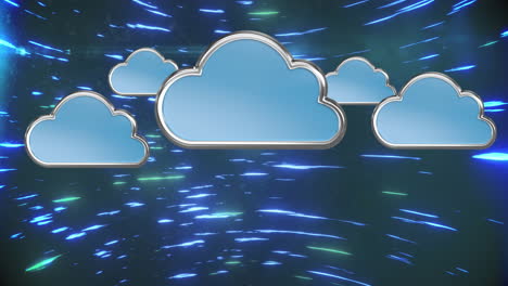 multiple cloud icons against blue light trails