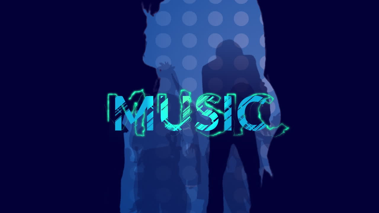 춤추는 사람들의 실루 위에 음악 텍스트의 애니메이션