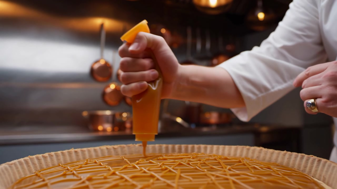 Chef che sprema succo d'arancia in una crostata, in cucina con illuminazione calda e pentole di rame, con crostata, spremiagrumi, con piatto da crostata in ceramica, texture di spremiagrumi in metallo, con accenti bianchi e marroni.
