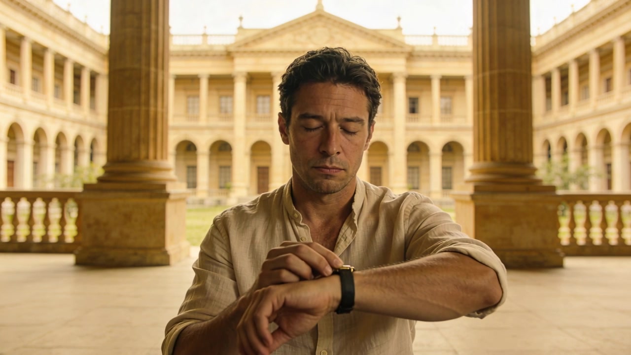 Uomo con camicia beige a maniche arrotolate, che guarda il polso e tocca lo smartwatch in un cortile, controllando le notifiche.