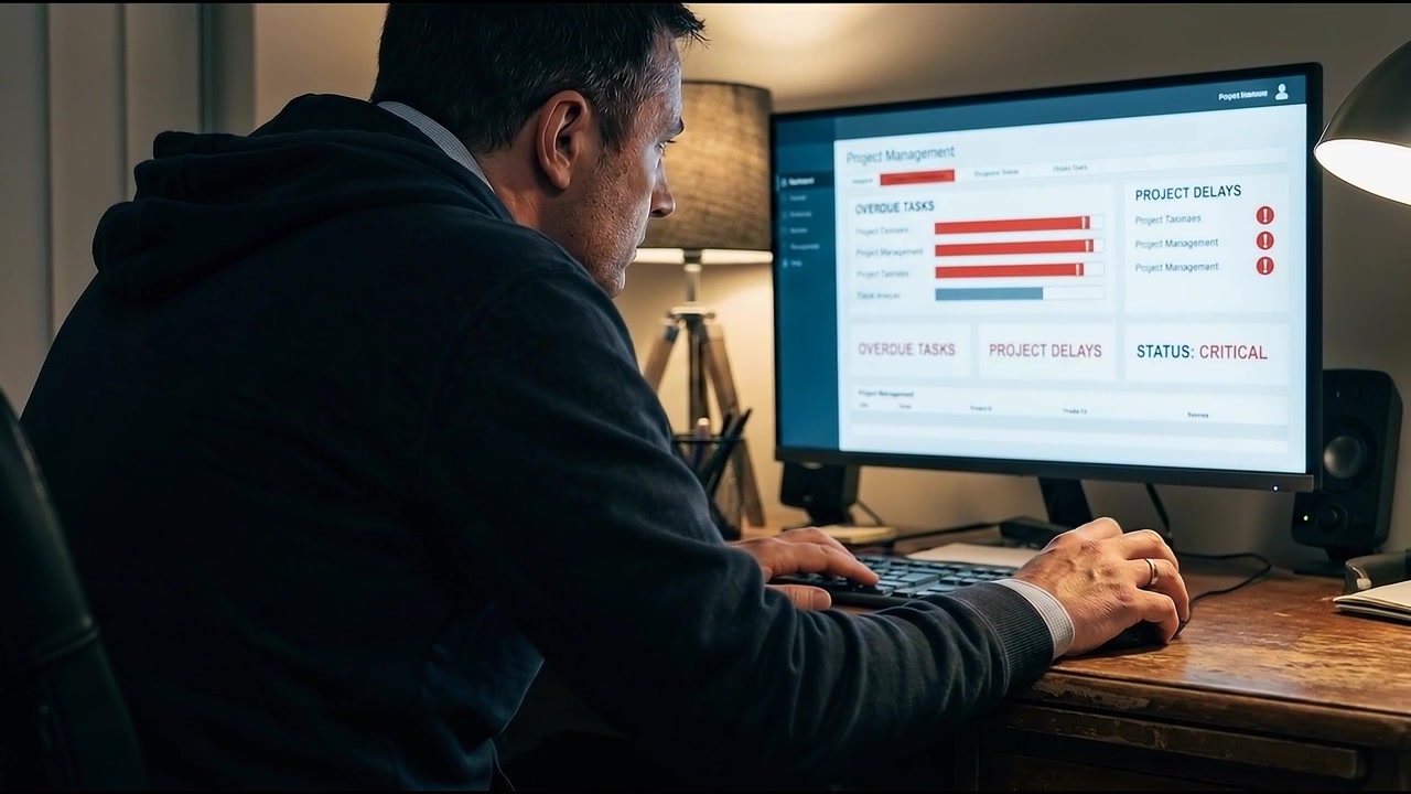 Stressed Professional Working Late on Project Management Dashboard