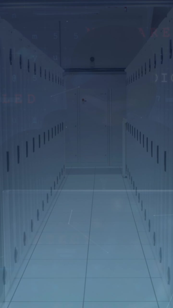 Animation of cyber security data processing over empty computer server room