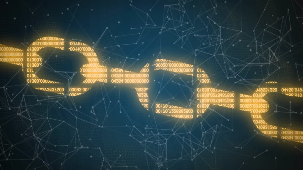 Binary code and network connections animation over dark blue background