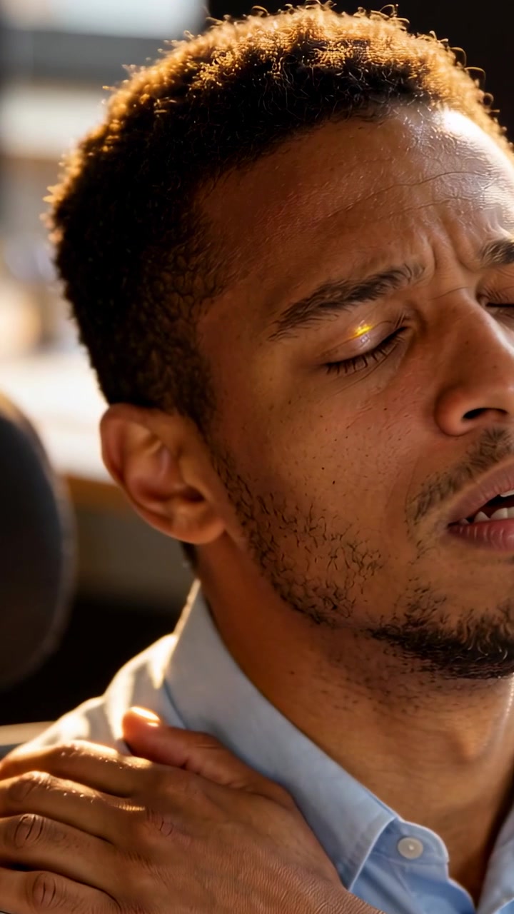 Vertical video: Shoulder pain causing man in blue shirt rubbing shoulder in car, sunlight on hair