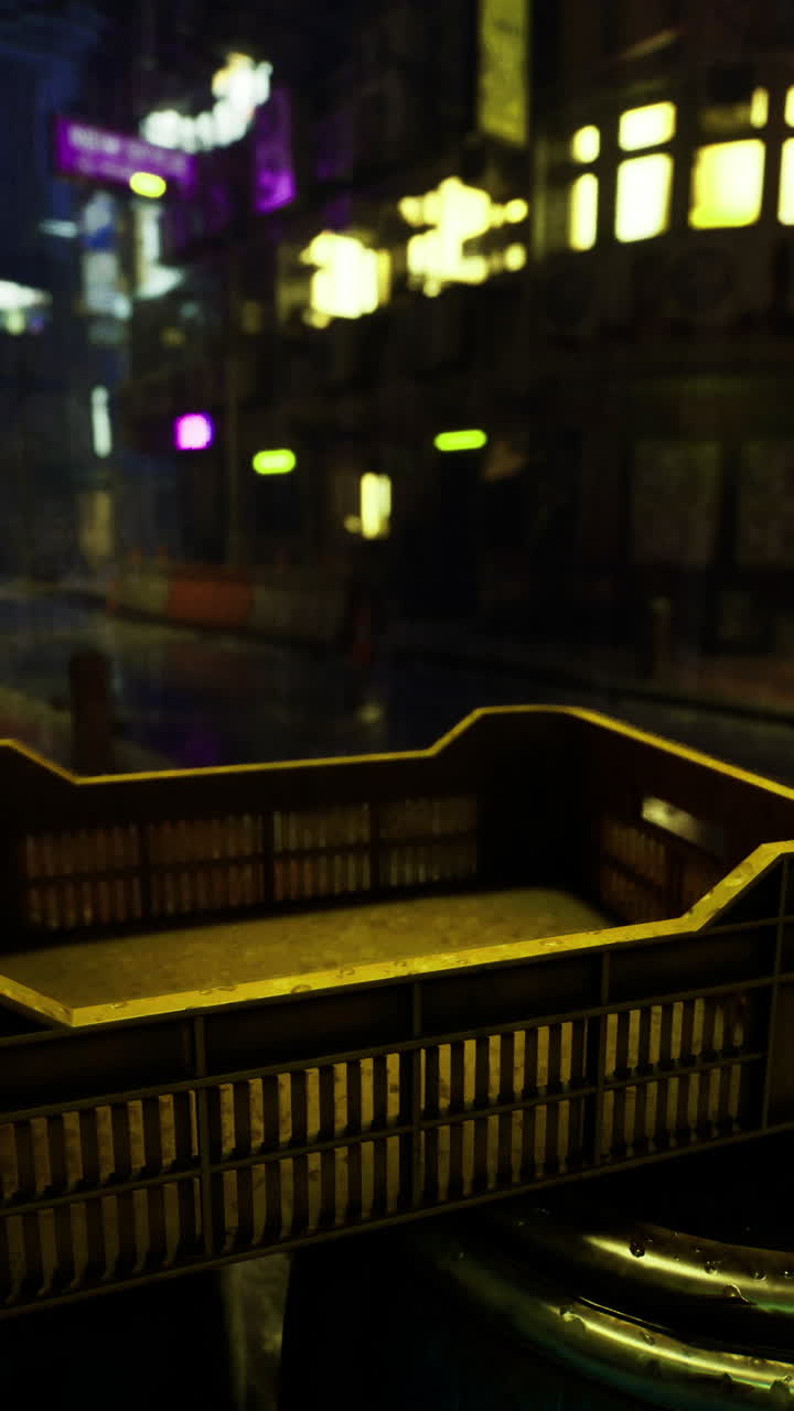 Urban alley scene featuring a basket on top of trash bins at night