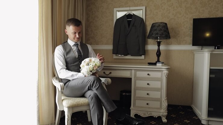 Bello sposo con bouquet nuziale tra le mani a casa vicino alla finestra, mentre si prepara per raggiungere la sposa.