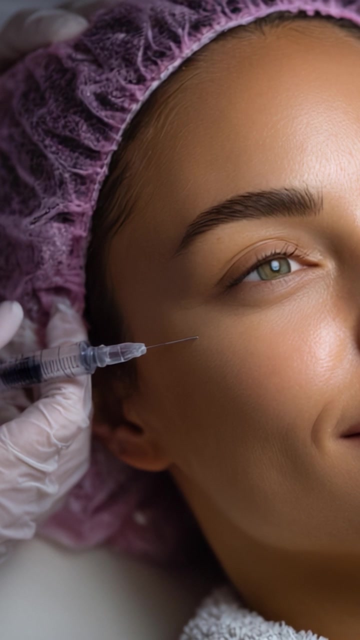 Trattamento di bellezza estetico: Primo piano di una donna con un sorriso dolce, che si prepara per una procedura cosmetica in un ambiente simile a una spa, con focus sulla cura e il miglioramento della pelle