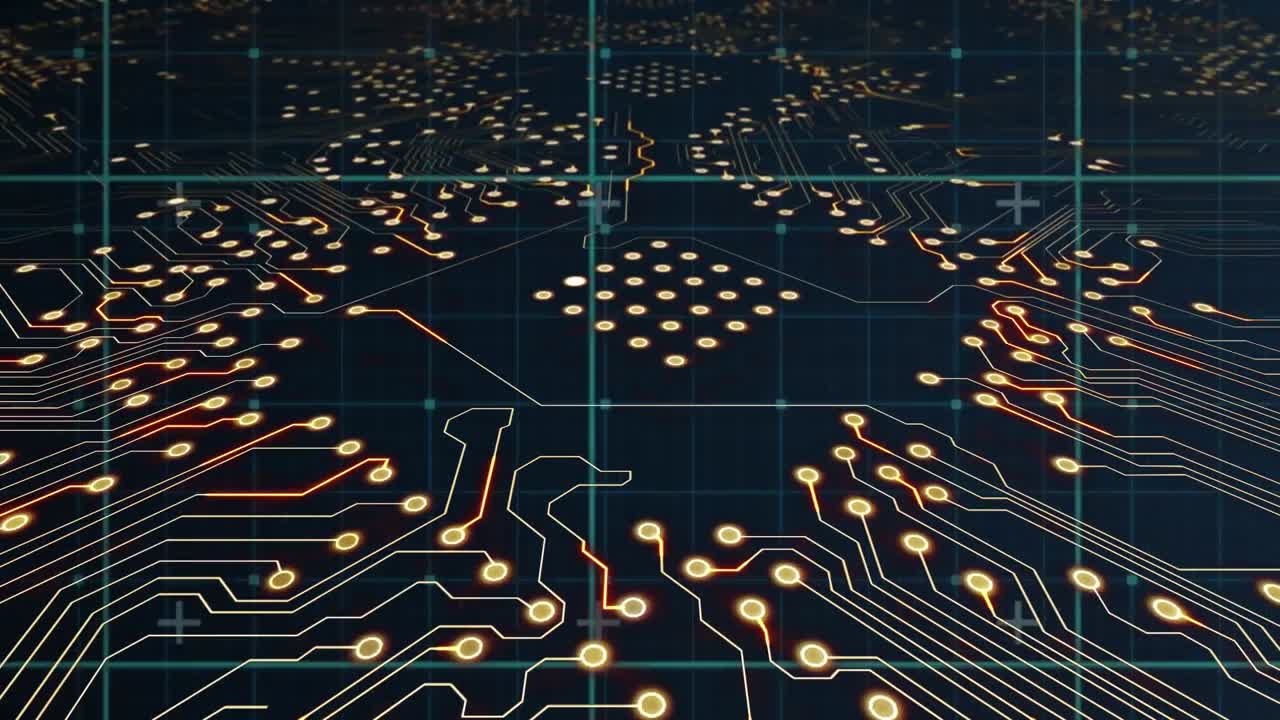 파란색 배경에 마이크로프로세서 연결에 대한 그리드 네트워크의 디지털 애니메이션