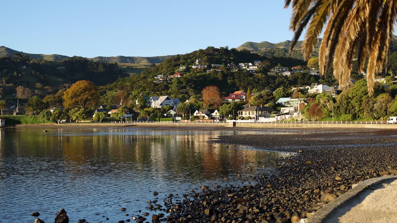 Calm waters and vibrant autumn foliage in Akaroa, captured with gentle camera movement and natural lighting