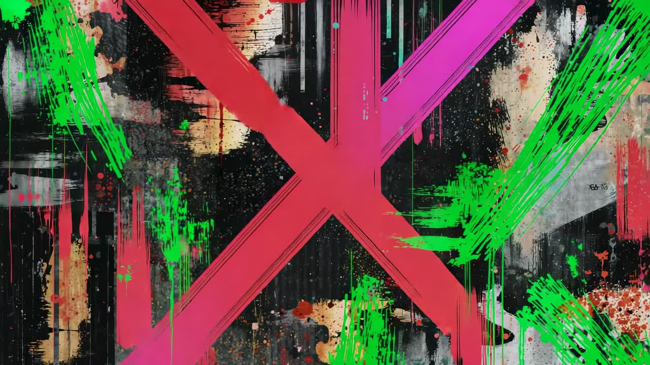 Appearing red stroke dripping at dark canvas, intersecting green stroke and shifting pinkish orange