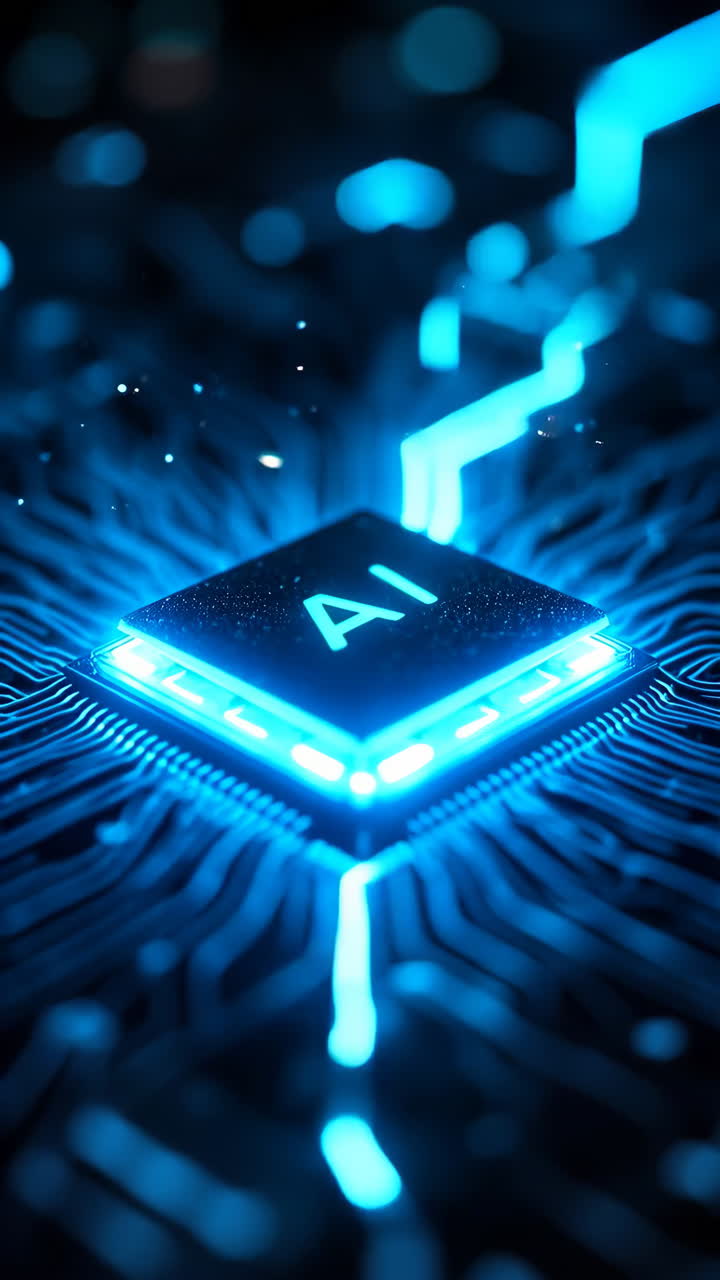 Glowing AI Chip on Circuit Board