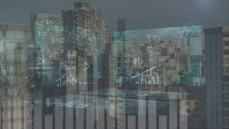animación del procesamiento de datos en pantallas y paisajes urbanos
