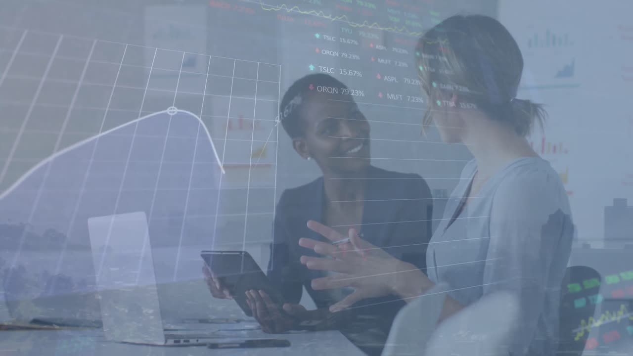 Animation of financial data processing over diverse business people in office