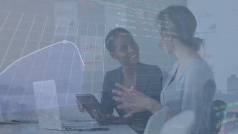 animation of financial data processing over diverse business people in office