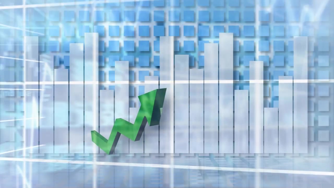 Animation eines grünen Pfeils mit Statistiken und Finanzdatenverarbeitung.