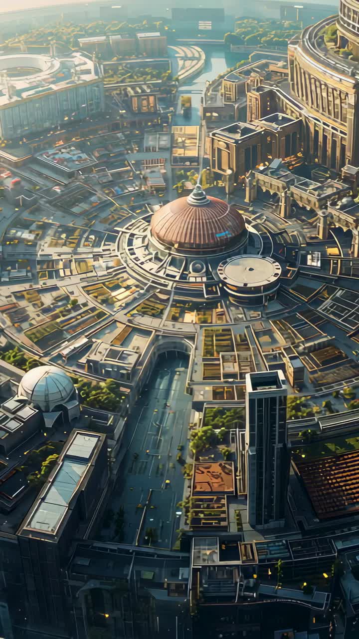 Vertical video: Beginning drone descent revealing domed core at waterfront, showing terraced roofs