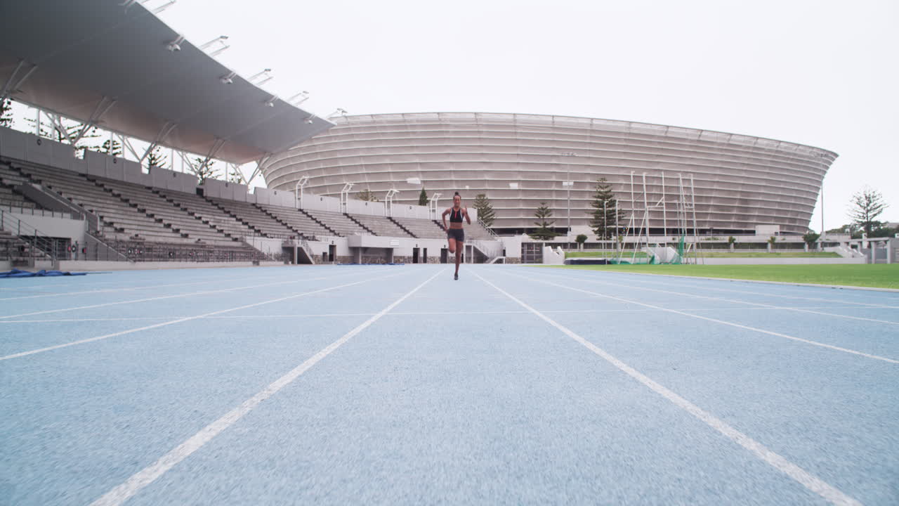 atleta femenina corriendo en la pista en el estadio