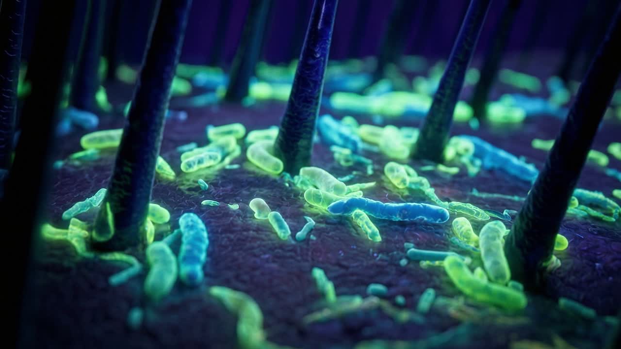 Visione microscopica di un batterio che si muove sulla pelle del cuoio capelluto umano tra i follicoli piliferi in un primo piano luminoso.