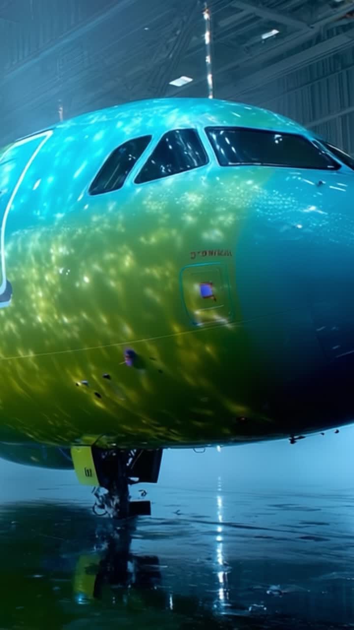 Vetrina della tecnologia aeronautica: Un primo piano di un velivolo moderno in un hangar ben illuminato con superfici riflettenti e caratteristiche di design innovative in mostra.