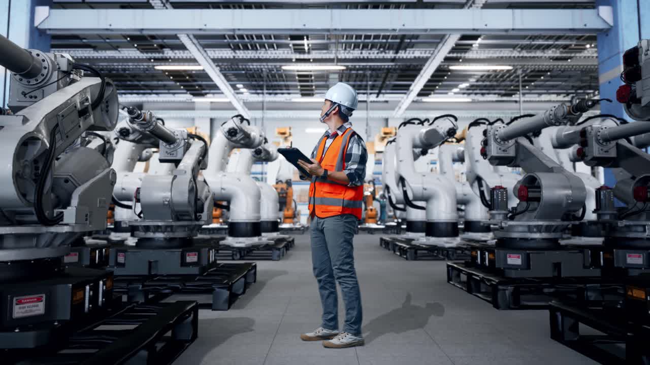 Factory worker with industrial robots