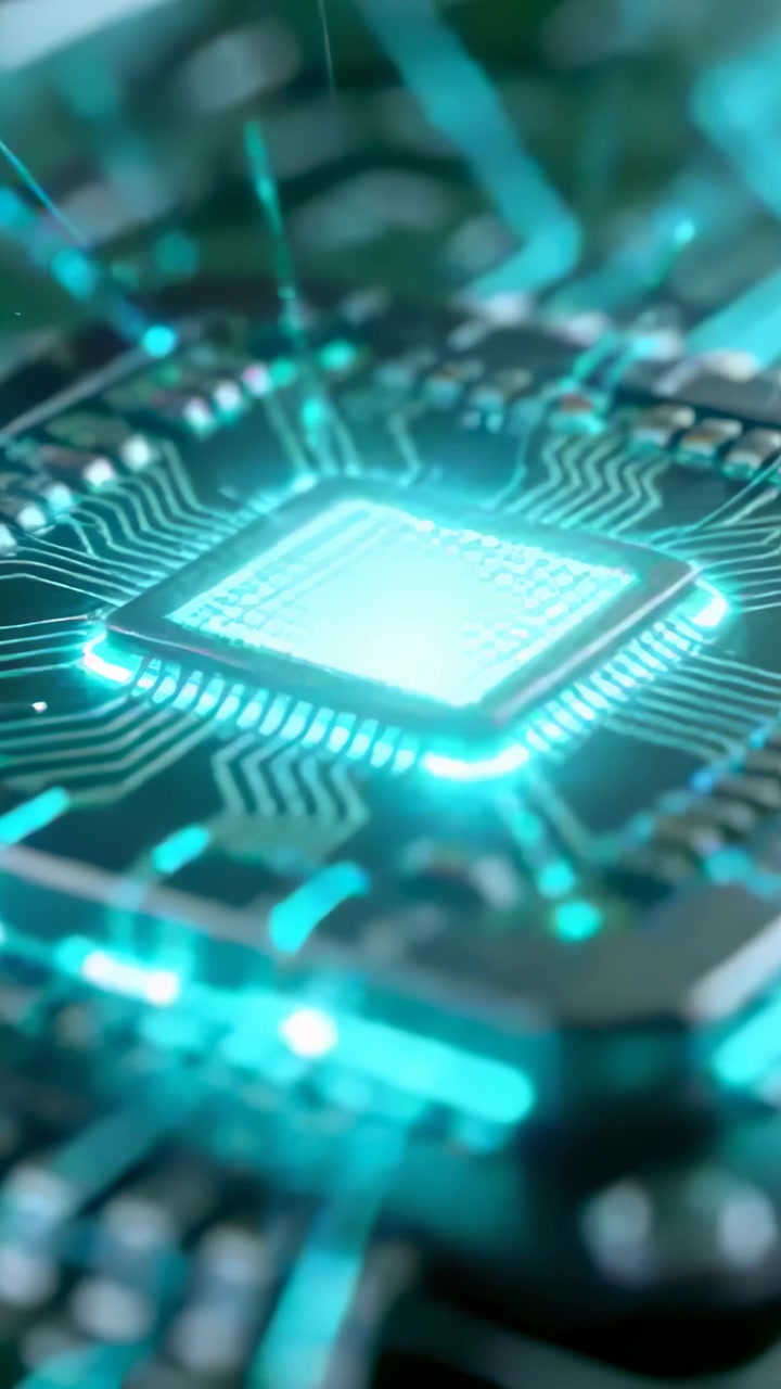 Lodret video: Modtager strøm, mikroprocessor pulserer, sender turkise signaler over printpladespor.