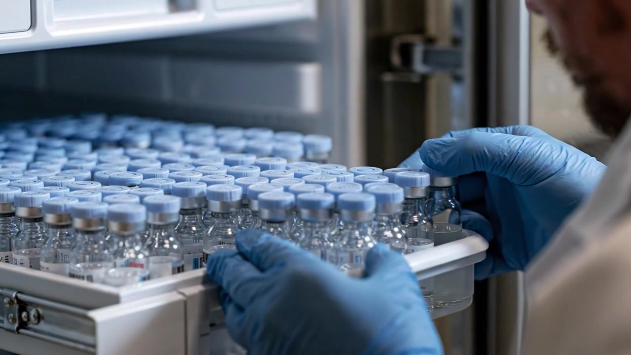 Scientist holding a tray of sample tubes inside a modern laboratory in detailed scientific footage