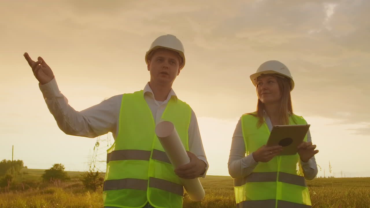 ingeniero y supervisor con tablet pc y los dibujos son sobre líneas y torres de transmisión y discutir el plan de expansión y transporte de energía para pueblos y ciudades