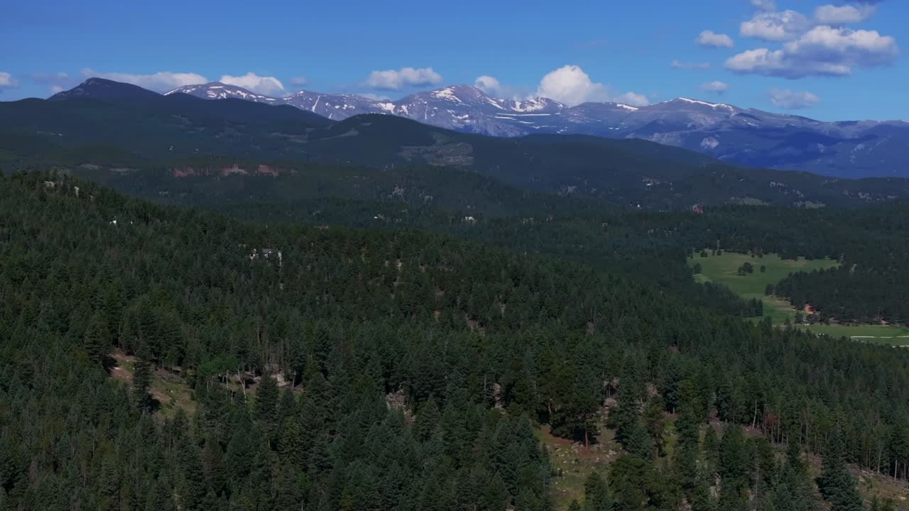 Spring Summer Mount Blue Sky Evans aerial drone Conifer Evergreen Colorado snowmelt sunny morning Rocky Mountains landscape North Turkey Creek Marshdale Forest Open Space forward reveal motion