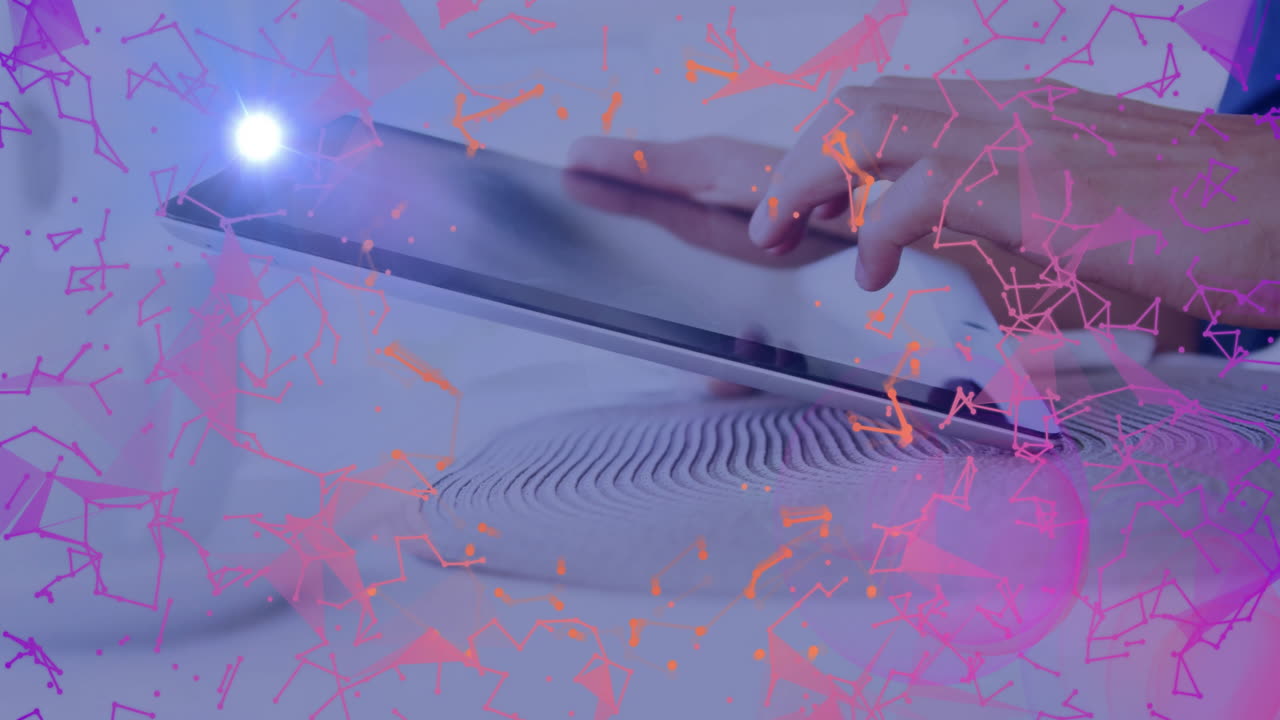 Interacting with tablet, hands engaging with colorful abstract pattern animation