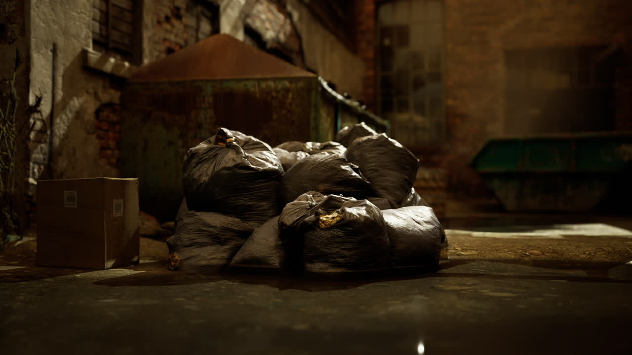 Trash bags piled in an alleyway near a dumpster in an urban environment