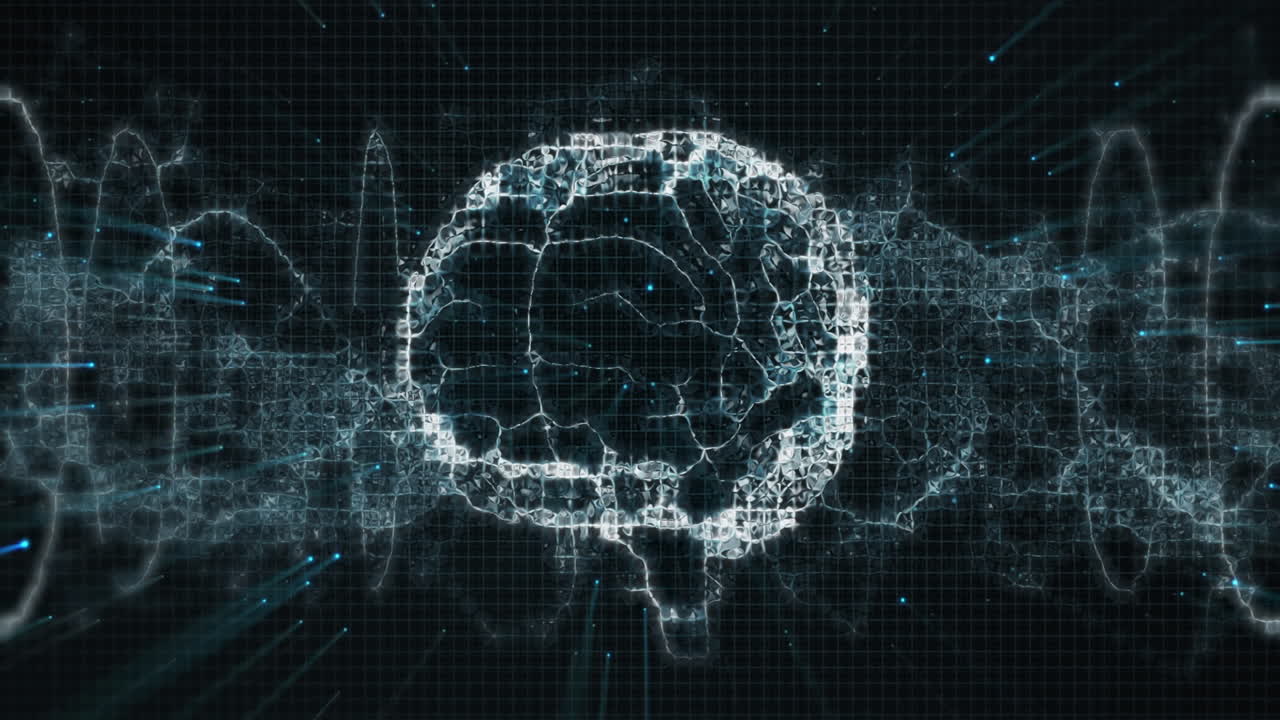 Animation of digital brain over light trails on black background