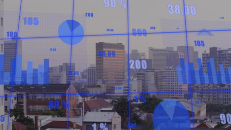 animation of financial data processing over cityscape