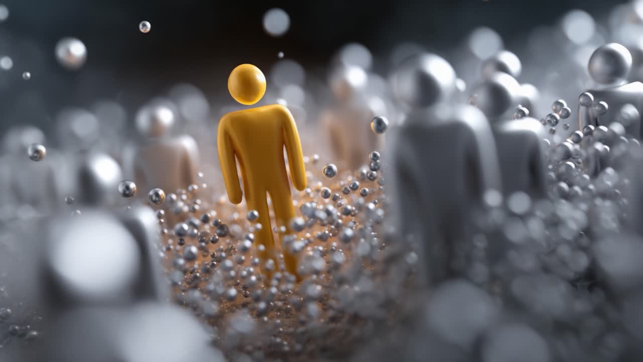 A striking illustration of individuality in a crowd, featuring a central yellow figure standing out among a sea of gray representations, emphasizing uniqueness and distinction